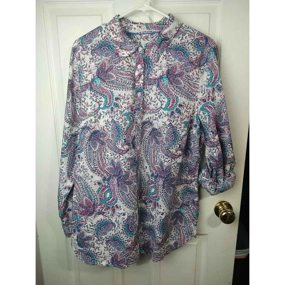 Talbots Woman XL Shirt Collared LS Roll Tab Paisley Workwear Casual Tunic Styled